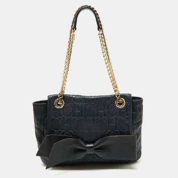 Pre Owned CH Carolina Herrera Navy Blue Monogram Leather Audrey Shoulder Bag