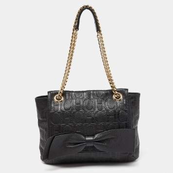 Pre Owned CH Carolina Herrera Black Monogram Embossed Leather Audrey Bow Flap Shoulder Bag