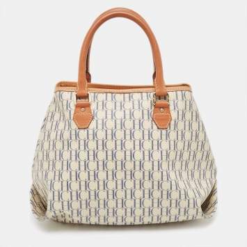 Pre Owned CH Carolina Herrera Off White/Blue Signature Coated Canvas and Leather Tote