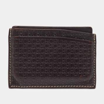 Pre Owned CH Carolina Herrera Dark Brown Monogram Leather Card Holder 