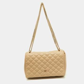 Pre Owned CH Carolina Herrera Beige Quilted Leather Chain Flap Shoulder Bag