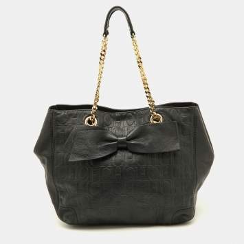 Pre Owned CH Carolina Herrera Black Embossed Leather Bow Shoulder Bag