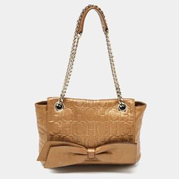 Pre Owned CH Carolina Herrera Gold Monogram Leather Audrey Shoulder Bag