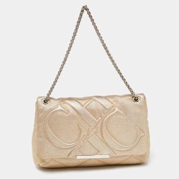 Pre Owned CH Carolina Herrera Gold CH Embossed Leather Flap Chain Shoulder Bag