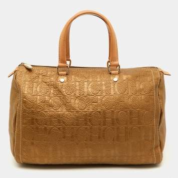 Pre Owned CH Carolina Herrera Metallic Bronze Monogram Leather Large Andy Boston Bag