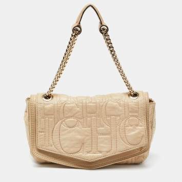 Pre Owned CH Carolina Herrera Beige Leather Flap Chain Shoulder Bag