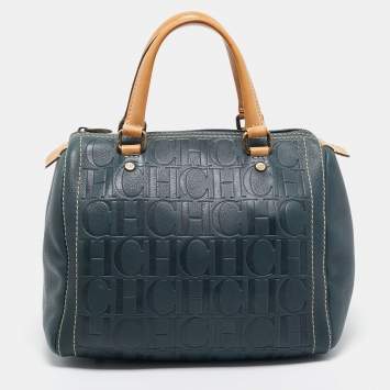 Pre Owned CH Carolina Herrera Dark Blue Monogram Embossed Leather Andy Boston Bag
