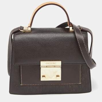 Pre Owned CH Carolina Herrera Brown Monogram Coated Canvas and Leather Top Handle Bag