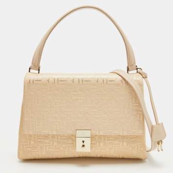 Pre Owned CH Carolina Herrera Light Beige/Gold Embossed Leather Top Handle Bag