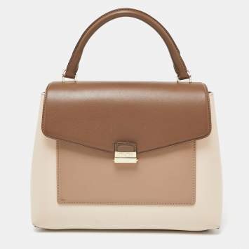 Pre Owned CH Carolina Herrera Two Tone Beige Leather Top Handle Bag