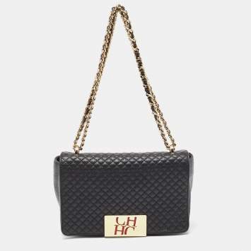 Pre Owned CH Carolina Herrera Black Quilted Leather Flap Chain Shoulder Bag