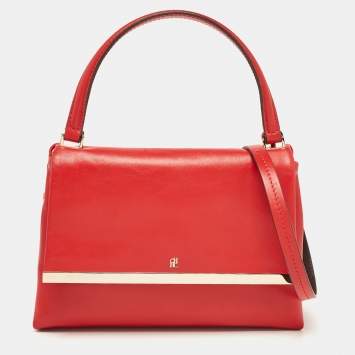 Pre Owned CH Carolina Herrera Red Leather Metal Bar Flap Top Handle Bag