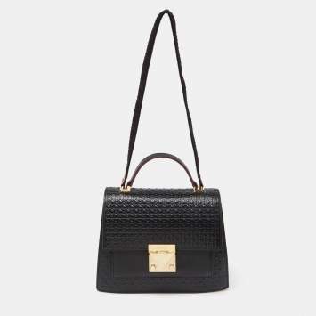 Pre Owned CH Carolina Herrera Black Embossed Logo Leather Flap Top Handle Bag