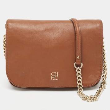 Pre Owned CH Carolina Herrera Brown Monogram Leather Flap Shoulder Bag