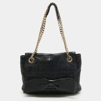Pre Owned CH Carolina Herrera Midnight Blue Monogram Leather Audrey Shoulder Bag