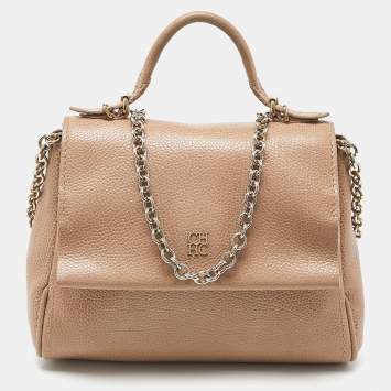 Pre Owned CH Carolina Herrera Beige Leather Minuetto Flap Top Handle Bag