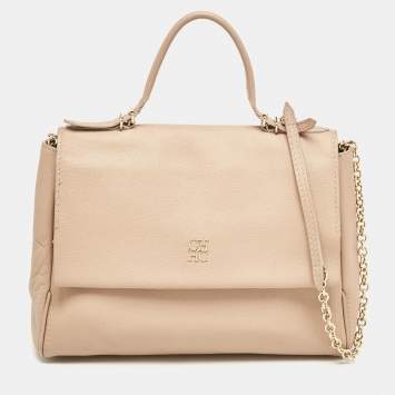Pre Owned CH Carolina Herrera Beige Leather Minuetto Flap Top Handle Bag