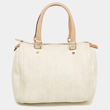 Pre Owned CH Carolina Herrera Off White/Beige Monogram Embossed Leather Andy Boston Bag