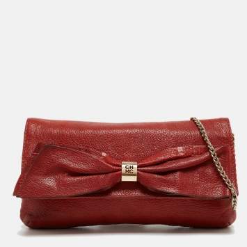 CH Carolina Herrera Red Monogram Leather Bow Chain Clutch