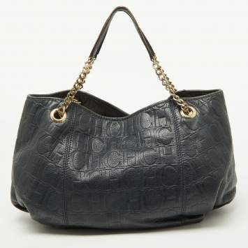 Pre Owned CH Carolina Herrera Blue Monogram Embossed Leather Chain Hobo