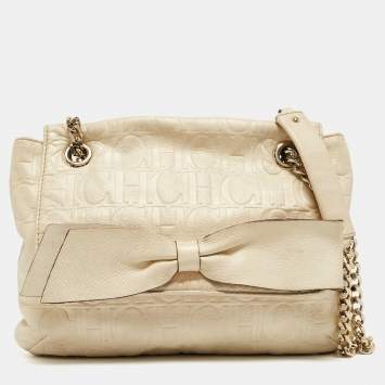 Pre Owned CH Carolina Herrera Beige Monogram Embossed Leather Audrey Shoulder Bag