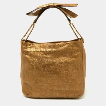 Pre Owned CH Carolina Herrera Gold Embossed Monogram Leather Chain Bow Hobo