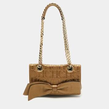 Pre Owned CH Carolina Herrera Gold Monogram Embossed Leather Audrey Crossbody Bag