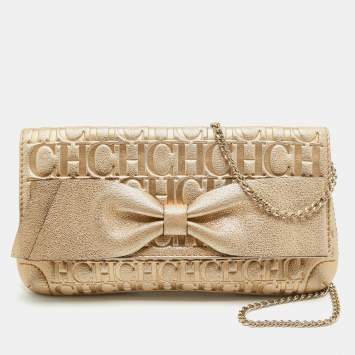 Pre Owned CH Carolina Herrera Gold Monogram Embossed Leather Audrey Shoulder Bag