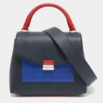 Pre Owned CH Carolina Herrera Two Tone Blue Monogram Leather Top Handle Bag