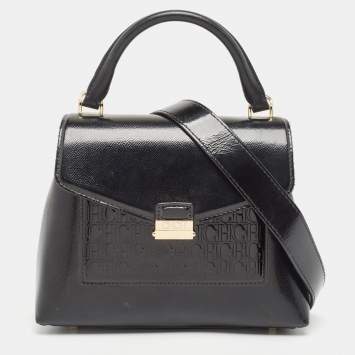 Pre Owned CH Carolina Herrera Black Monogram Embossed Patent Leather Push Lock Flap Top Handle Bag