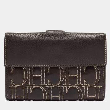 Pre Owned CH Carolina Herrera Choco Brown Monogram Leather Wallet