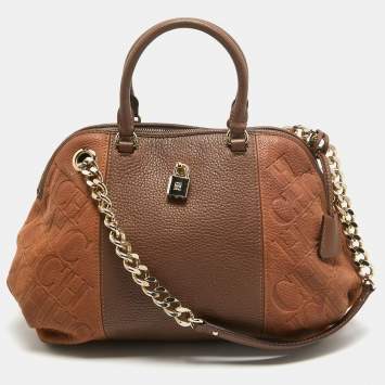 Pre Owned CH Carolina Herrera Two Tone Brown Monogram Leather Dome Satchel