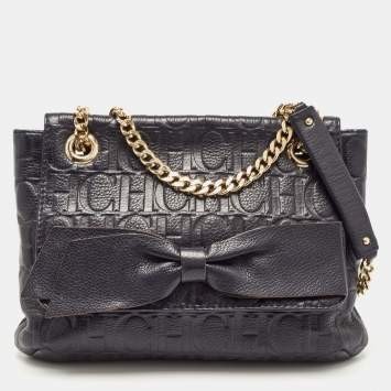 Pre Owned CH Carolina Herrera Navy Blue Monogram Leather Audrey Shoulder Bag