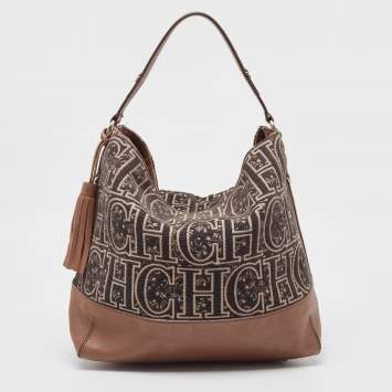 Pre Owned CH Carolina Herrera Brown/Black Monogram Fabric and Leather Hobo