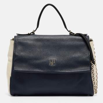 Pre Owned Carolina Herrera Navy Blue/White Leather Minuetto Top Handle Bag