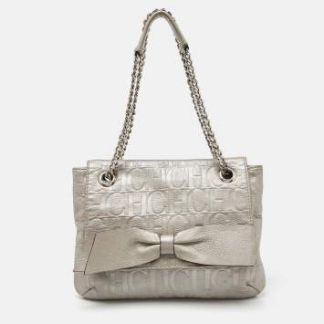 Pre Owned CH Carolina Herrera Silver Monogram Embossed Leather Audrey Shoulder Bag