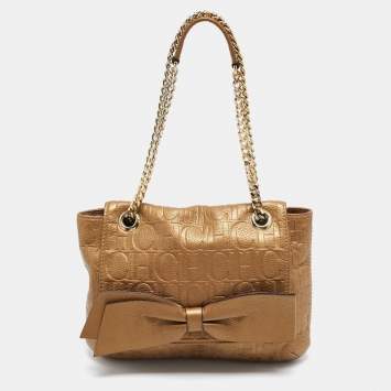 Pre Owned CH Carolina Herrera Gold Monogram Leather Audrey Shoulder Bag