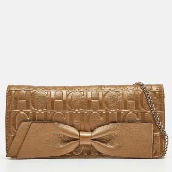 Pre Owned CH Carolina Herrera Gold Monogram Embossed Leather Audrey Chain Clutch