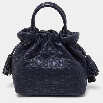 Pre Owned CH Carolina Herrera Blue Monogram Embossed Leather String Bucket Bag