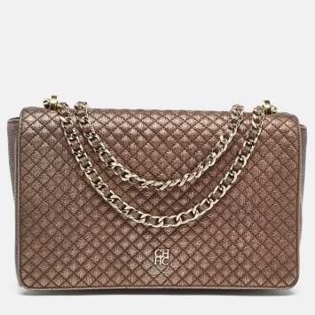 Pre Owned CH Carolina Herrera Bronze Quilted Leather Flap Chain Shoulder Bag