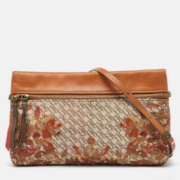 Pre Owned CH Carolina Herrera Brown Signature Canvas and Leather Strap Clutch 