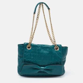 Pre Owned CH Carolina Herrera Green Monogram Embossed Leather Bow Shoulder Bag
