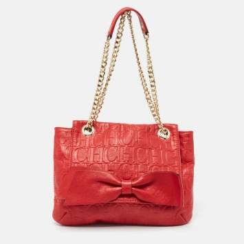 Pre Owned CH Carolina Herrera Red Monogram Embossed Leather Audrey Shoulder Bag