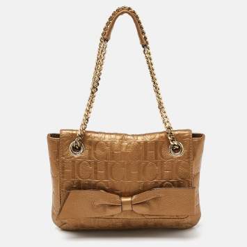 Pre Owned CH Carolina Herrera Bronze Monogram Embossed Leather Audrey Shoulder Bag