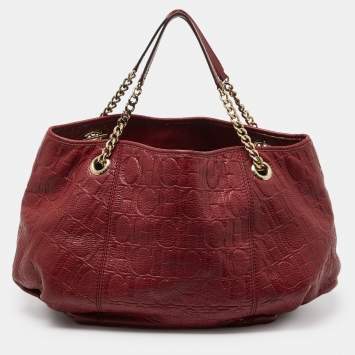 Pre Owned CH Carolina Herrera Red Monogram Embossed Leather Chain Hobo