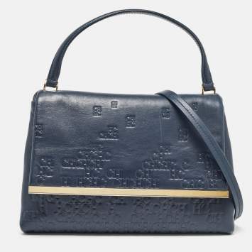 Pre Owned CH Carolina Herrera Navy Blue Monogram Embossed Leather Flap Top Handle Bag