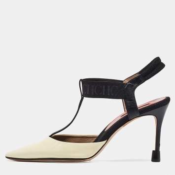 Pre Owned CH Carolina Herrera Cream/Black Patent and Leather Slingback Pumps Size 40