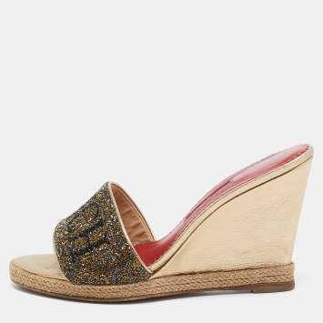 Pre Owned CH Carolina Herrera Metallic Glitter and Leather  Wedge Espadrille Slide Sandals Size 39