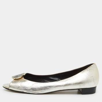 Pre Owned CH Carolina Herrera Gold Leather Logo Peep-Toe Ballet Flats Size 38