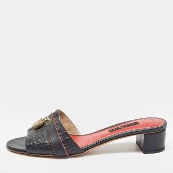 Pre Owned CH Carolina Herrera Black Monogram Embossed Leather Matryoshka Locked Slide Sandals Size 38